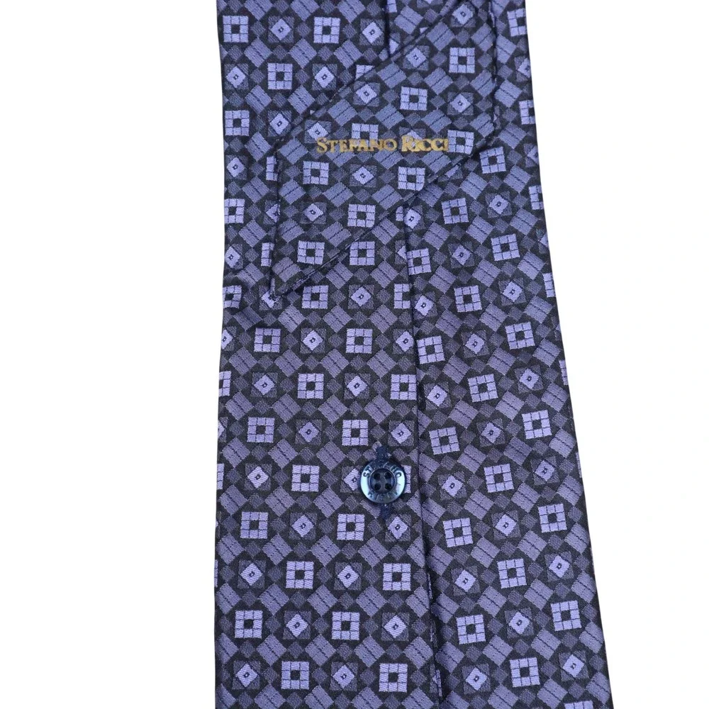 Stefano Ricci Pure Silk Necktie Navy Periwinkle‎ Geometric Medallion Made Italy